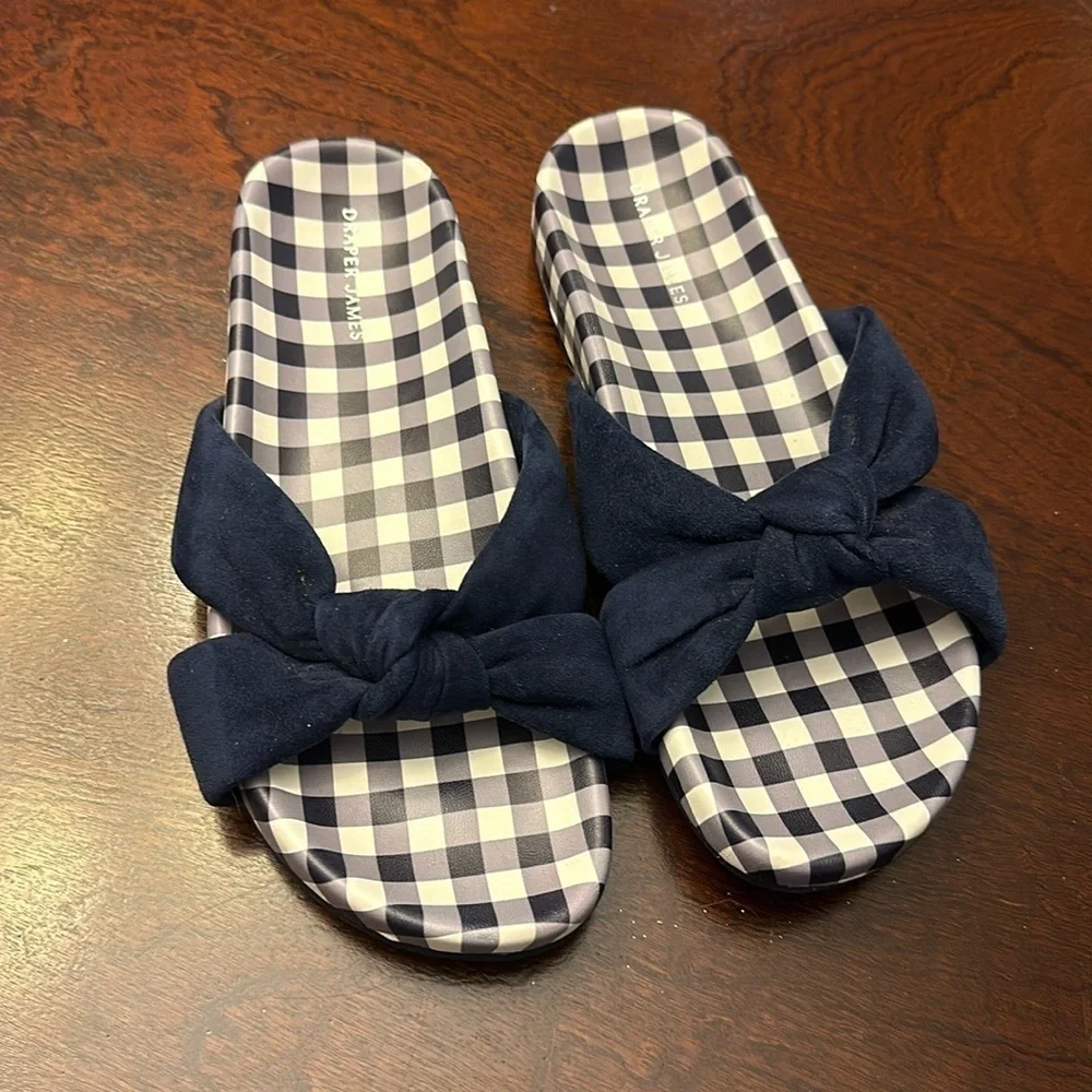 DRAPER JAMES STELLA SLIDES WOMENS SZ 7.5 NAVY & WHITE PLAID GINGHAM SANDAL - Picture 4 of 10